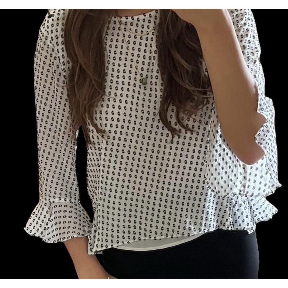 Anthropologie Whistles White‎ Black French Dot Silky Flared Peplum Crop Top 2